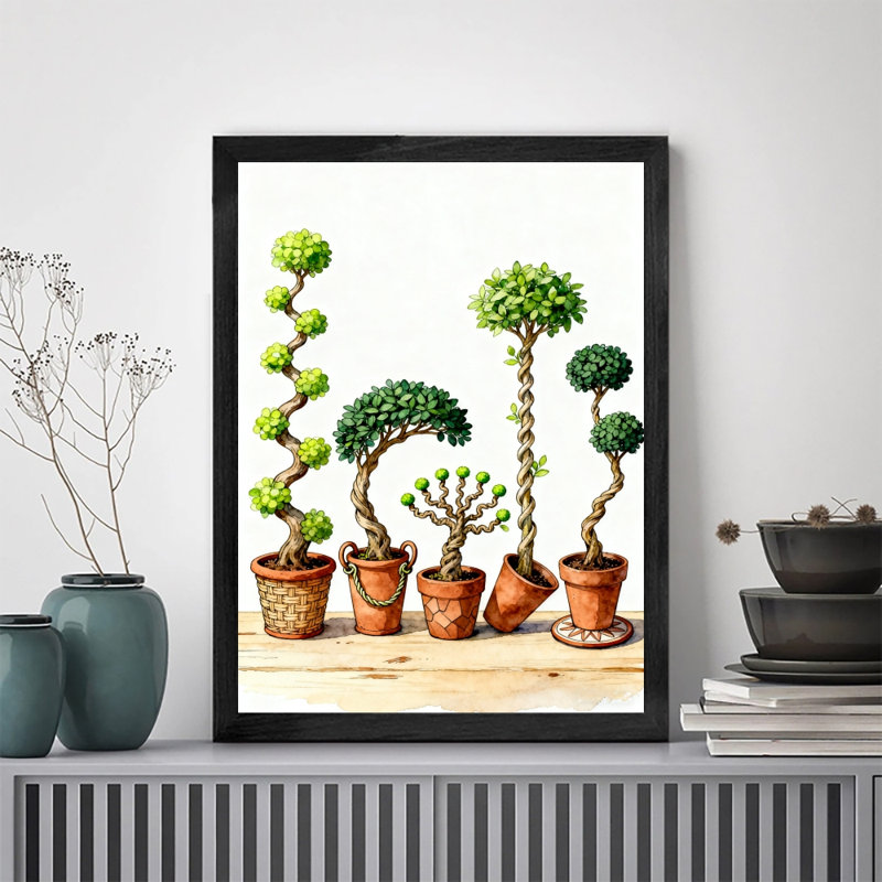 Reproduction d'art encadré noir avec quatre plantes de bonsaï de différentes formes, H 25 po x l 17 po