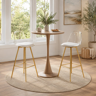 Breion Modern Set of 2 Transparent Bar Stools with Faux Leather Seat and Metal Legs