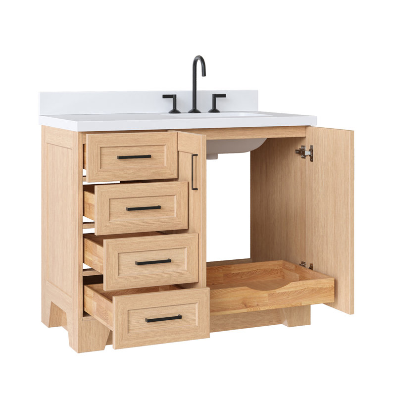 Ensemble de meuble-lavabo simple 43 po en bois massif bleu nuit avec plateau en quartz blanc pur 1,5 po Freitas, Oui