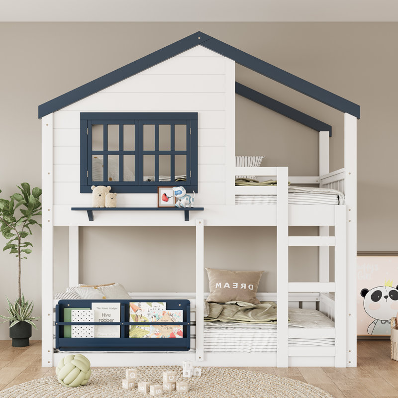 Twin Size Loft Bed with Bookshelf & House-Style Design, High-Quality Safety Rails, White & Blue Kids Bunk Bed, Twin Over Twin