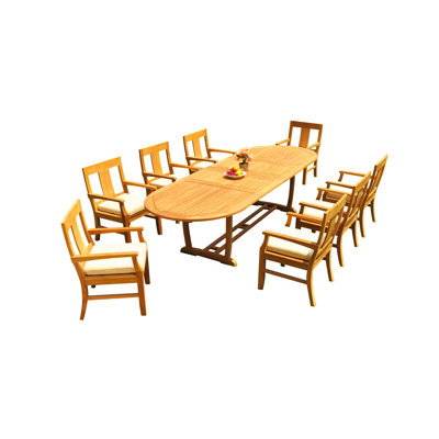Ensemble de salle à manger 13 pièces en bois de teck de qualité A: table de chevet ovale à tréteaux à double rallonge de 118 po et fauteuils Osborne # 11OS2712