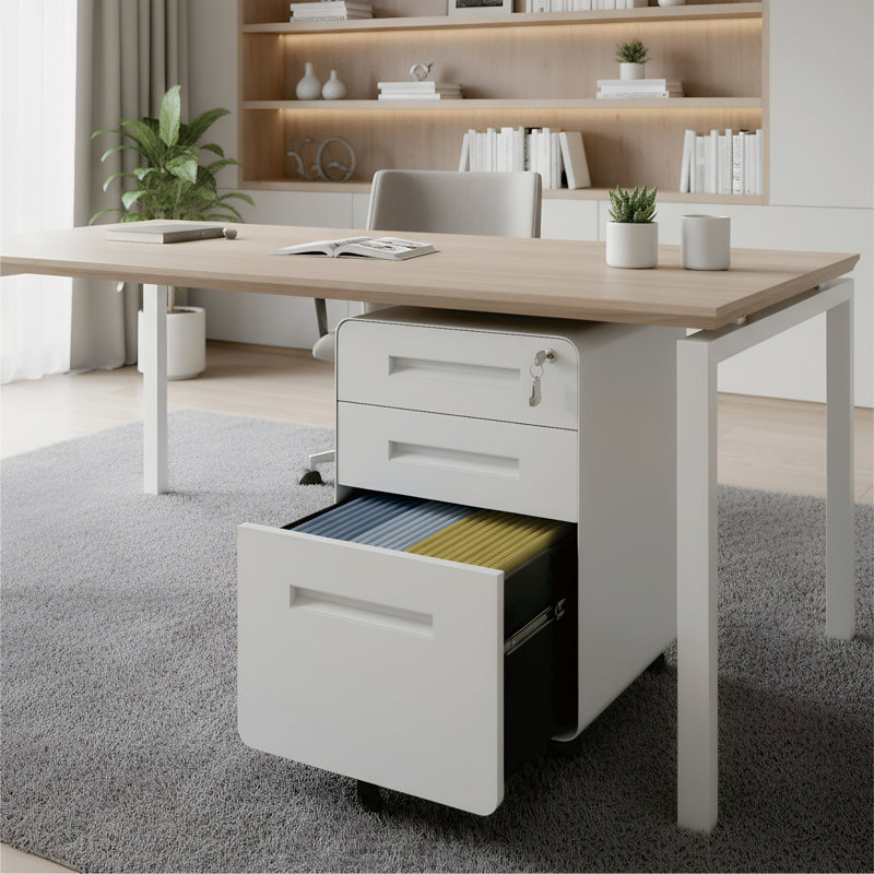 3-Drawer Metal File Cabinet With  Lock And  Casters, White