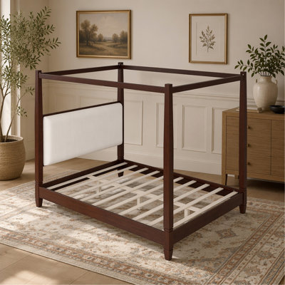 Grand lit plateforme à baldaquin avec tête de lit tapissier et pieds en lattes de bois espresso