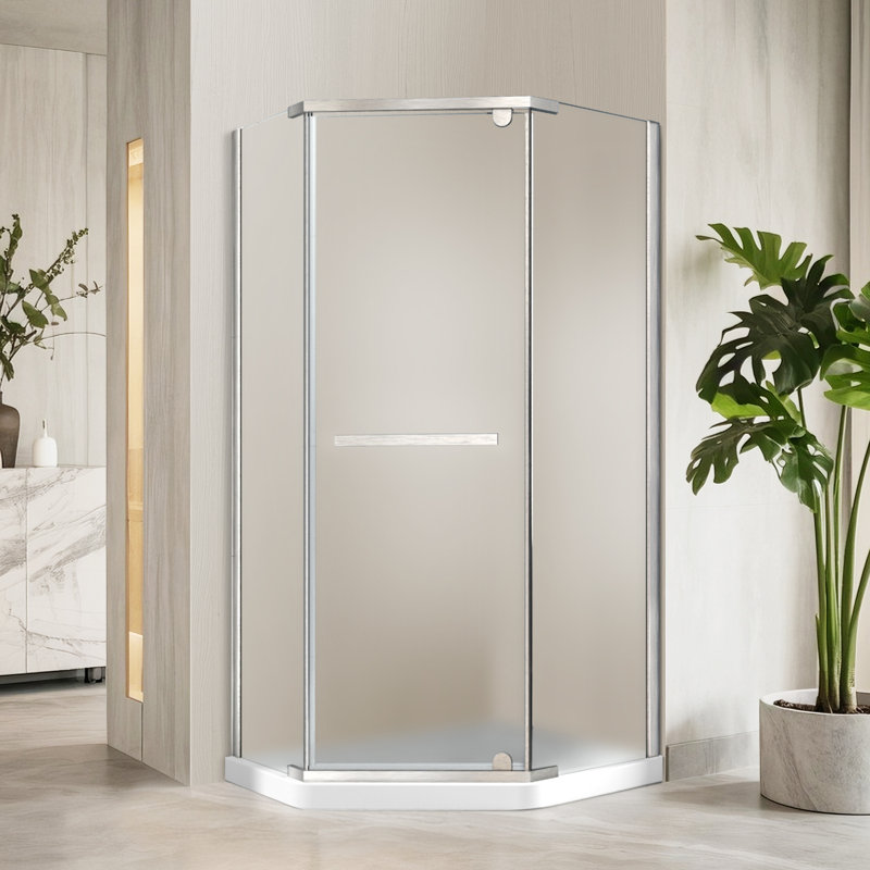 38" W x 38" D x 72" H Semi-Frameless Neo-angle Shower Door with Towel Bar and Fixed Panel, Brushed Nickel, Frosted