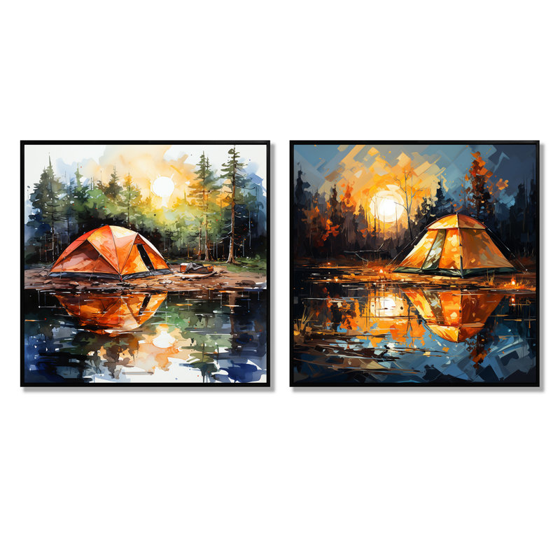 Ensemble de 2 impressions sur toile de camping Forest Retreat I - campagne, Cadre flottant noir, H 16 po x l 33 po x P 1 po