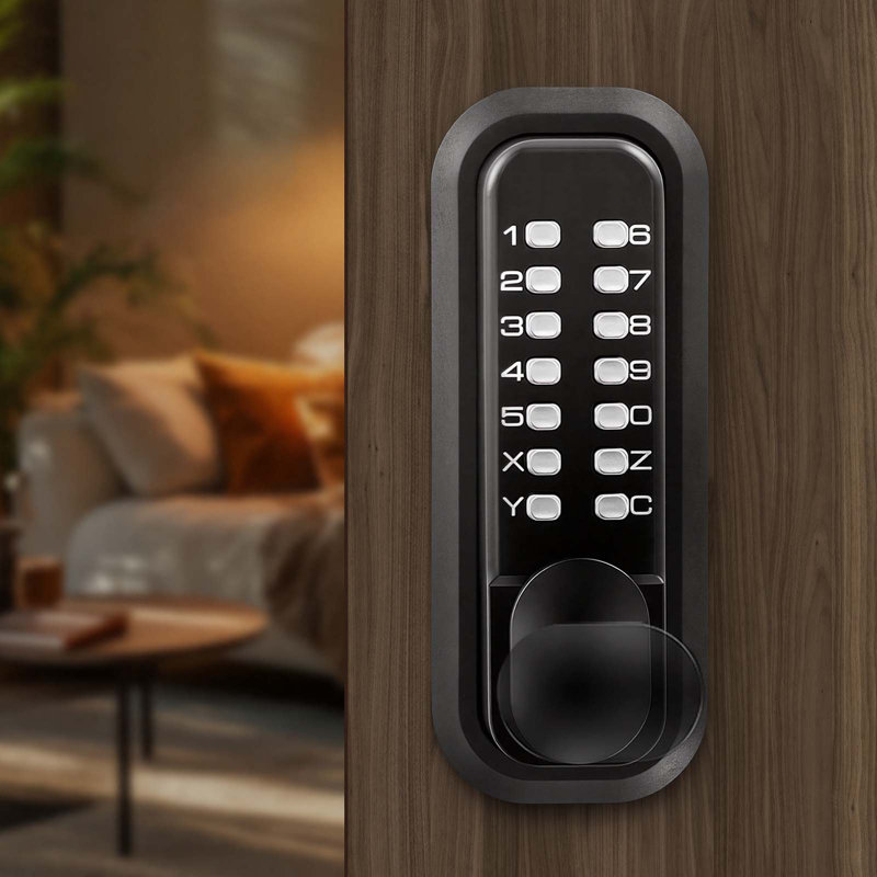 Serrure de porte mécanique sans clé, mise à niveau du code 2.0, code à 4-7 chiffres, poignée de porte à clavier mécanique à combinaison à bouton-poussoir simple face, verrouillage automatique, intérieur ou extérieur, noir