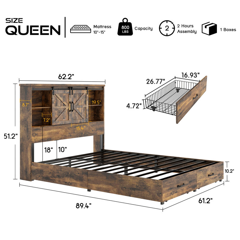 Rustic Brown Queen Wood Platform Bed with Bookcase Headboard and Storage