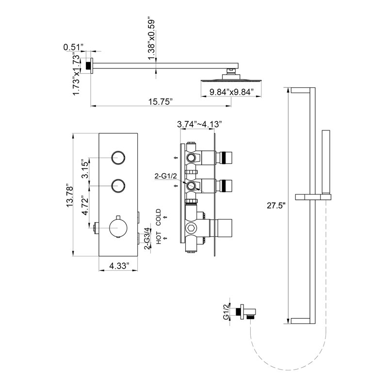 Système de douche thermostatique avec valve brute, pomme de douche à effet pluie or brossé de 10 pouces et ensemble de robinet de douche à main à 3 poignées