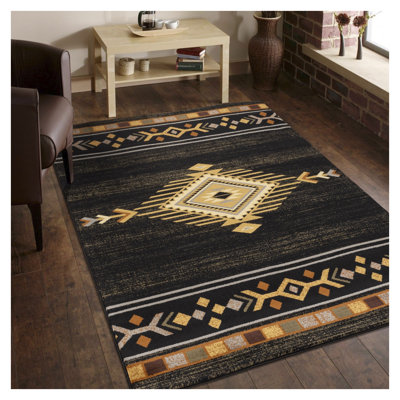 Tribes GC_YLS4001 Black Southwest Area Rug, 7'10" x 10'3" (8x10) Polypropylene Stain Resistant Pet Friendly Low Pile Rug for Living Room Bedroom