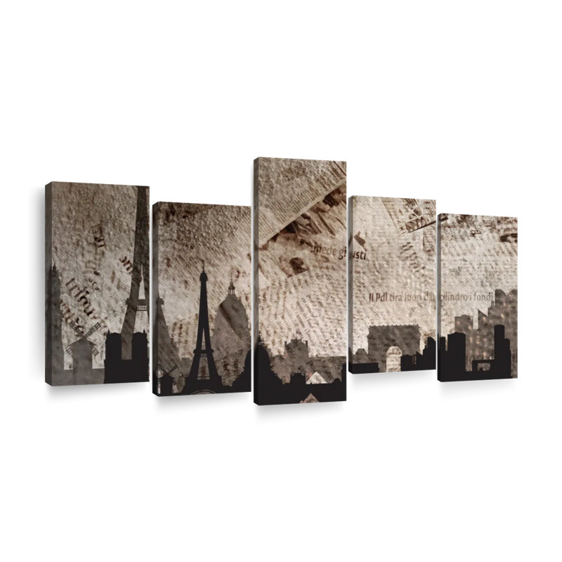 «Paris City Paris», impression sur toile 5 pièces sur toile par Vintage Charm Collective, H 24 po x l 49 po