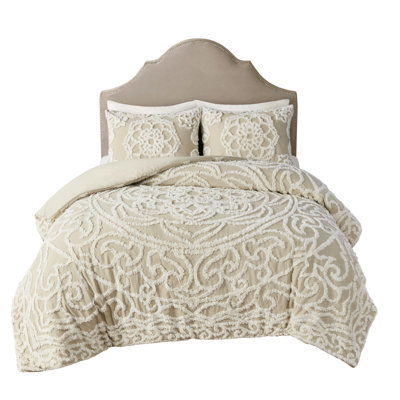 King/ King Cotton Duvet Cover - Taupe. Globally Inspired Design. 100% For Softness. Medallion Detail. 2 Shams. . Button Closure And Inner Ties Taupe 3 Piece Array. Peaceful Dreams. Chenille
