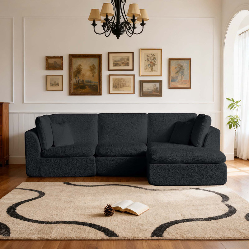 Canapé modulaire convertible en L de 110 po avec canapé-lit modulaire 3 places avec repose-pieds pour salon, Black Chenille