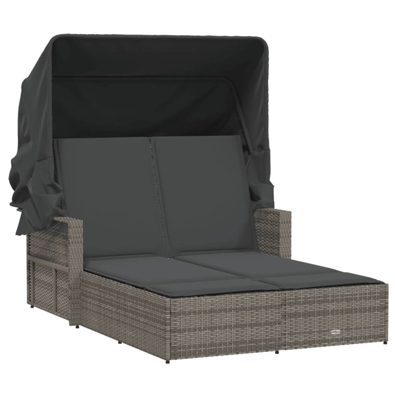 Double méridienne Vidaxl avec auvent et coussins en rotin de polyester, Noir, Gris