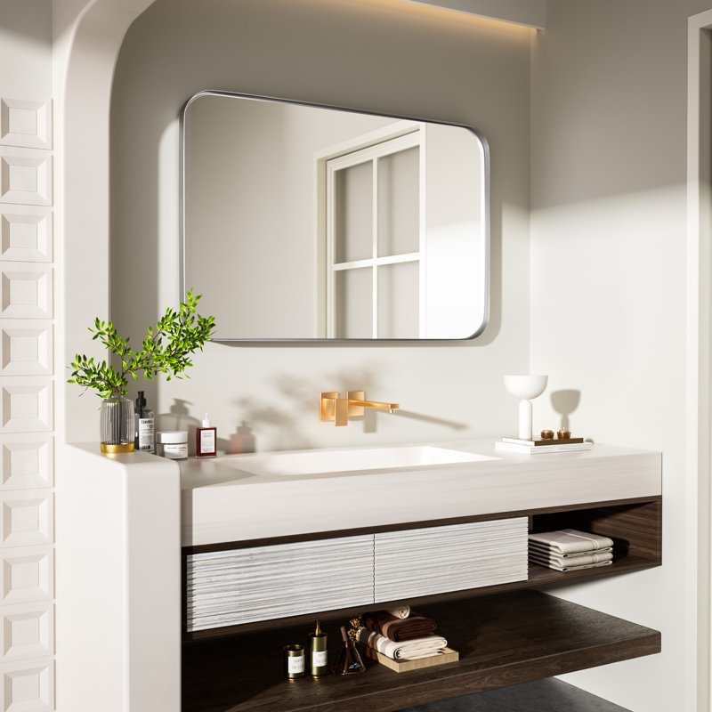 Cozy Design Tempered Glass Framed Wall-Mounted Bathroom Vanity Mirror, Silver, 36" x 24", Rectangle