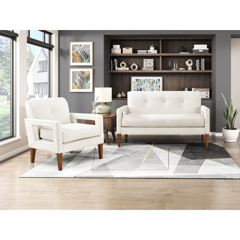 Chenille beige rembourrée avec ressorts ensachés et pieds en bois massif, hauteur du produit 32 po, coussins de siège réversibles, largeur 31 po