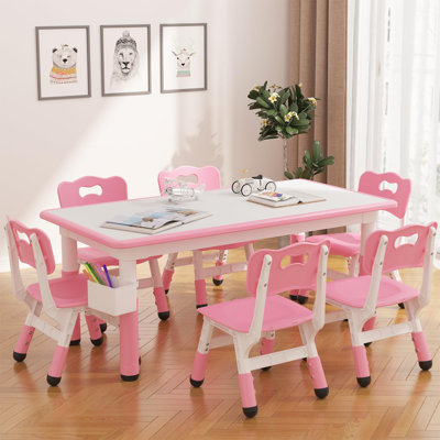 Kids Study Table and 6 Chairs Set with Storage Height Adjustable Toddler Table and Chair Set for Kids Ages 3 to 8 Anti Slip Floor Mats Easy Clean Desktop for Homeschool Preschool Home Classroom Pink