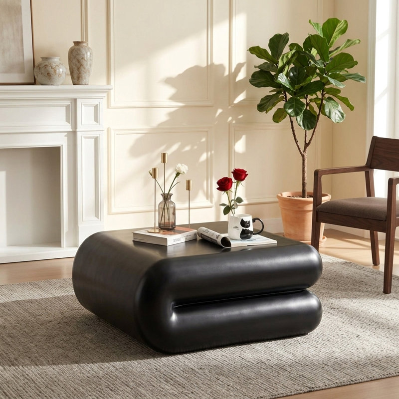 Table basse carrée empilable moderne à bords arrondis en fibre de verre 31,5 po FFZ, Noir
