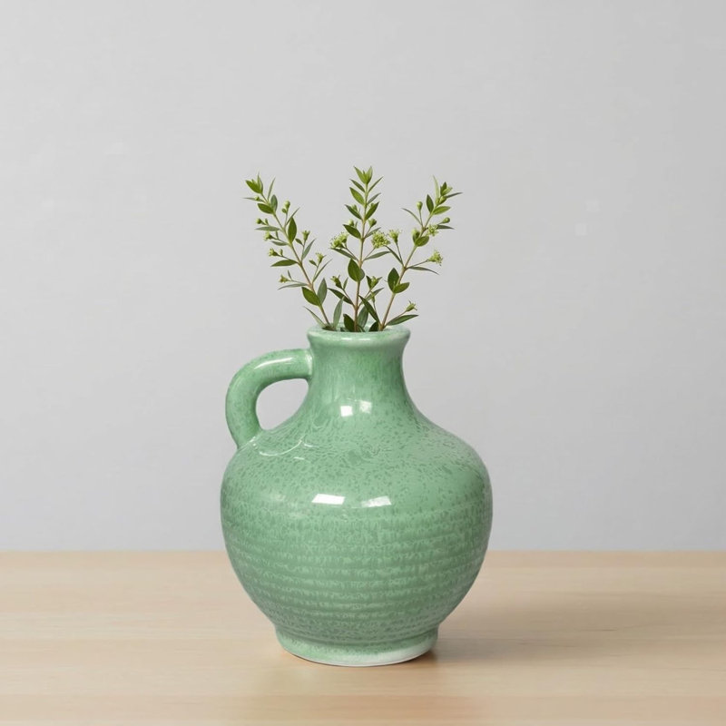 Light Green Ceramic Vase with Handle, 6-Inch