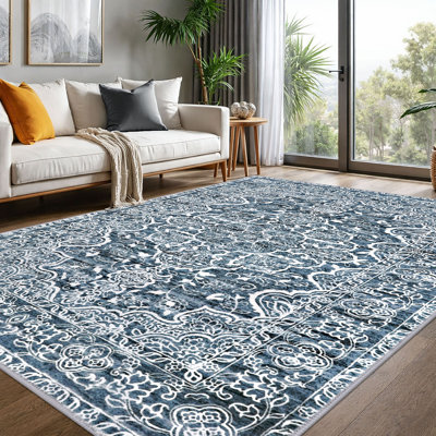 Area Rugs for Living Room Blue Bedroom Rugs Non Slip Machine Washable Rugs Ultra Soft Printed Thin Floral Carpet for Dining Room