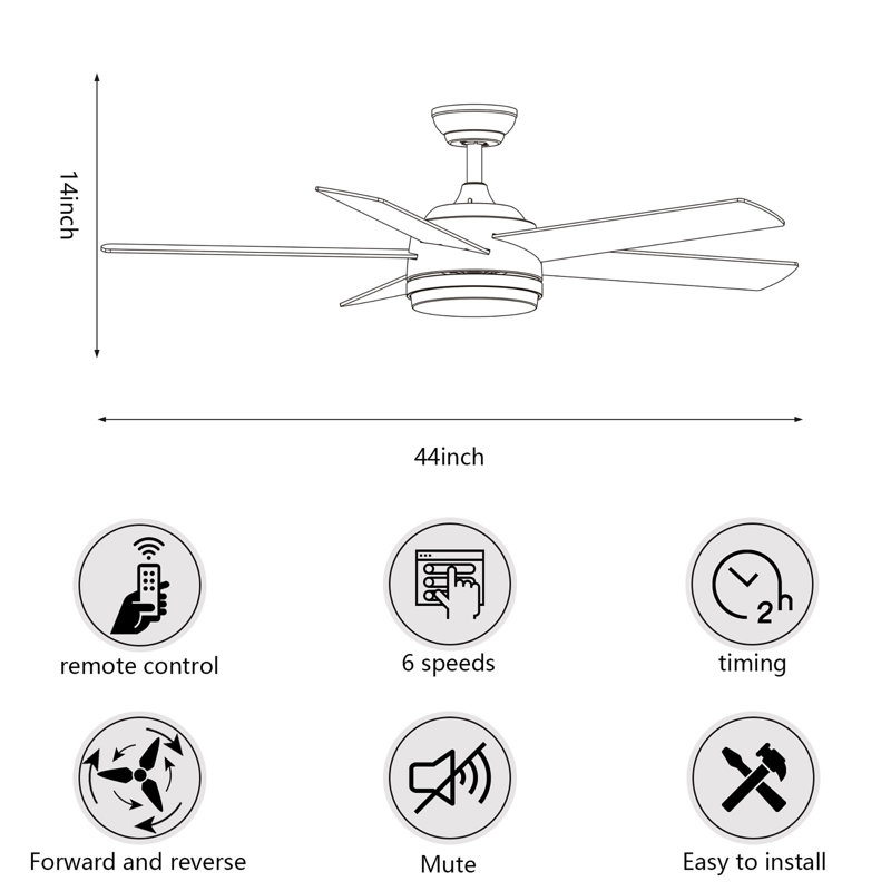 44 inch Ceiling Fan with Light and Remote Control, Black