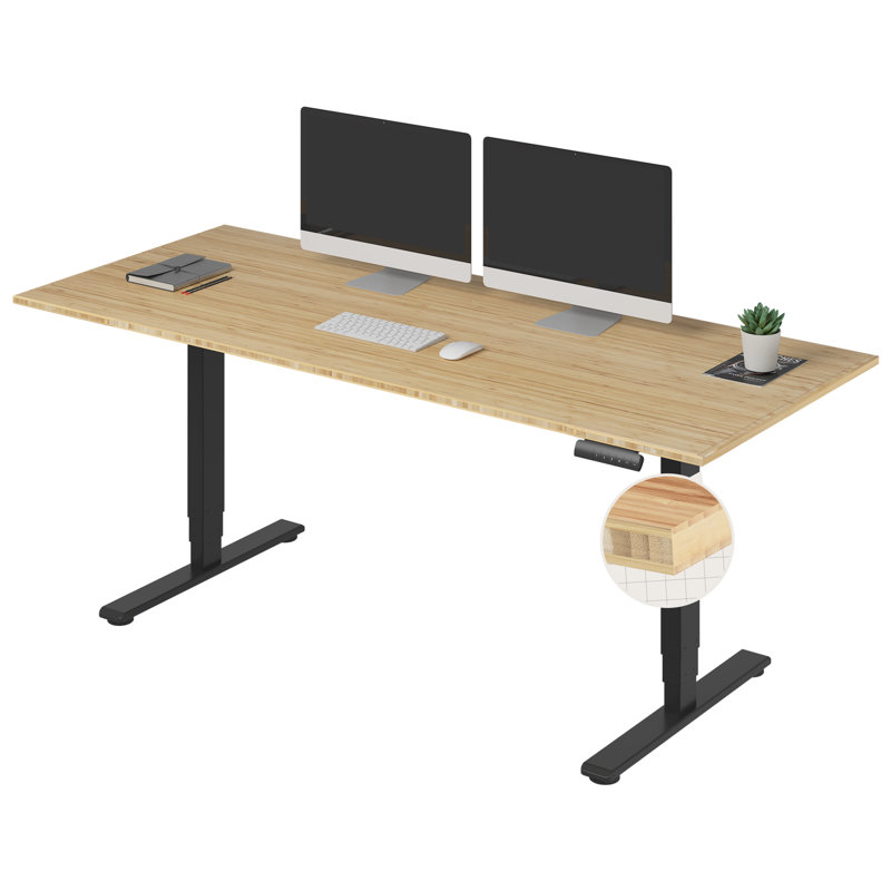 Bamboo Dual Motor Electric Standing Desk With Solid Bamboo Top, 72" X 30" Adjustable Height Sit-Stand Desk With Memory Presets