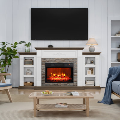 72" Electric Fireplace With Mantel, Fireplace Tv Stand For Tvs Up To 80 Inch, Entertainment Centre With Storage, Realistic Stacked Stone Surround For Living Room