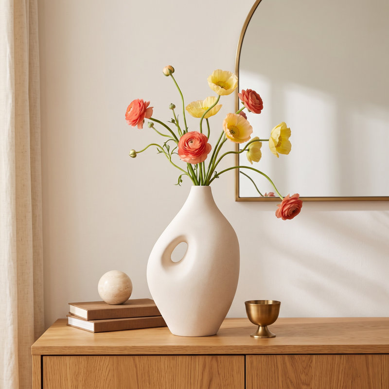 Boho Stoneware Ceramic Sculptural Modern Vase with Open Center and Neutral Textured Design for Contemporary Decorative Display