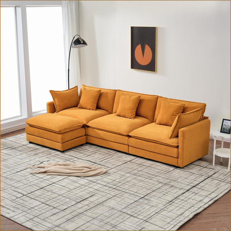 Canapé modulaire, chenille modulaire moderne en L de 110 pouces avec repose-pieds, siège profond pour le salon | Orange | Mousse