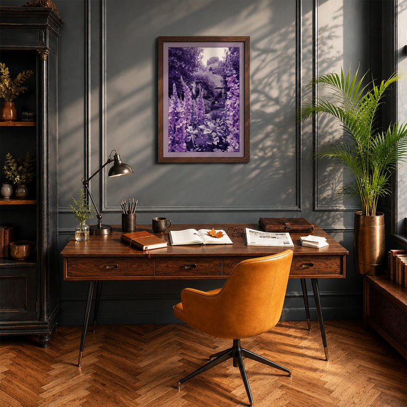 Garden Path In Purple Botanical - Print, Walnut, A4 - 29.7 x 21.0 cm