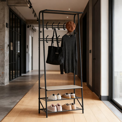 Banc de hall d'entrée autoportant avec tablette de rangement, crochets à vêtements et porte-chaussures, mobilier d'appoint multifonctionnel