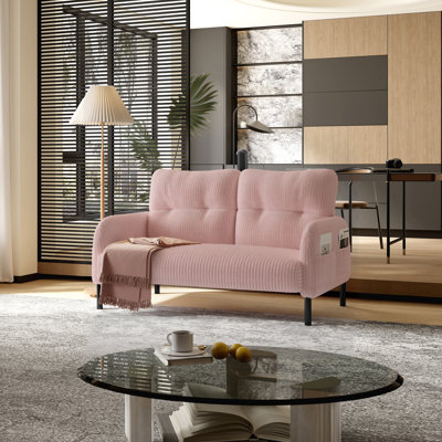 Minimalist Solid Color Corduroy 2-Seater Loveseat, Comfort Upholstered Double Sofa with Dual Side Storage Pockets for Living Room & Bedroom