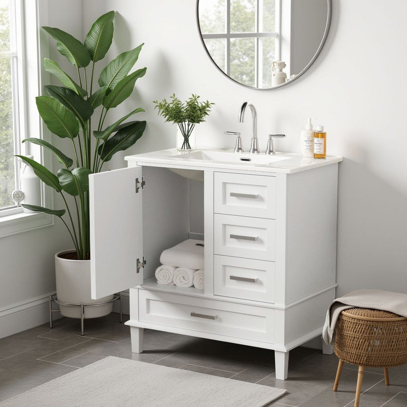 30" Elegant Bathroom Vanity , Modern Bathroom Cabinet with Sink Combo Set, White