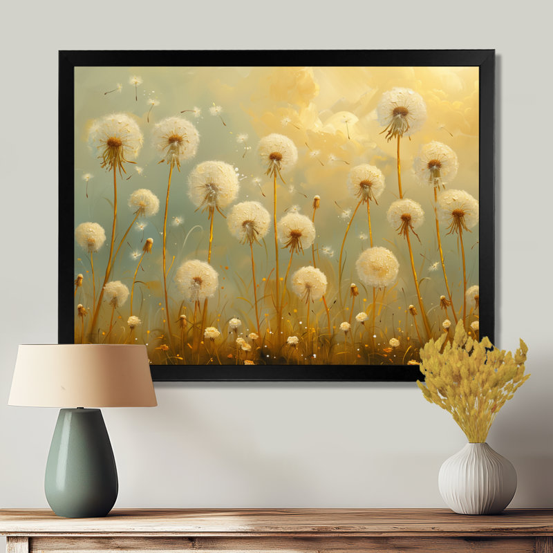 «Beige Blue Spring Dandelion Collage II», art mural pissenlit, Cadre simple noir, H 30 po x l 40 po x P 1,5 po