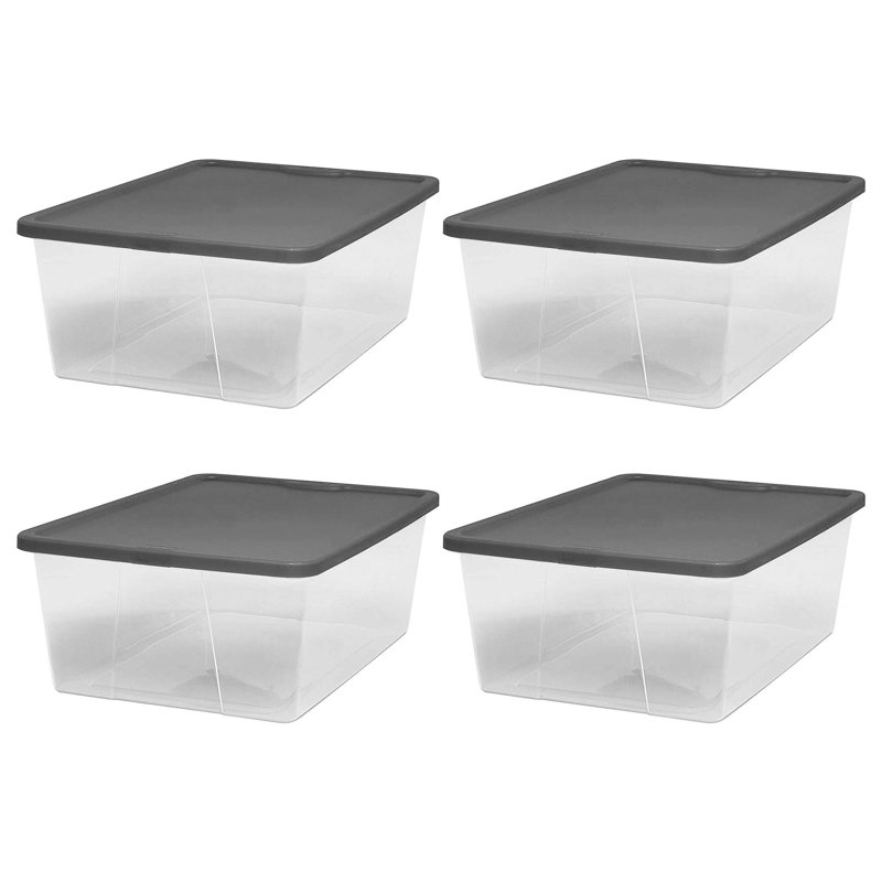Homz 12 Qt Stackable Plastic Storage Container w/Snaplock Lid (4 Pack), Clear/Gray