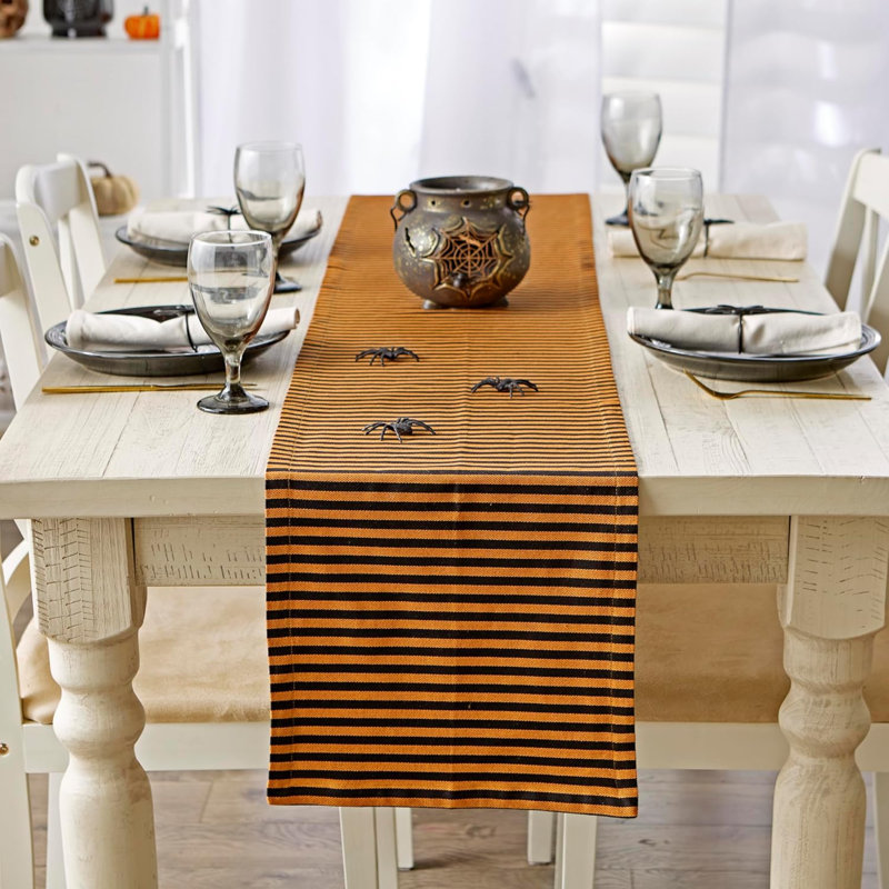 Décoration de table de fête d'Halloween, tissu de coton réutilisable et lavable à la machine, chemin de table, 14 x 108, rayures noires et orange Witchy