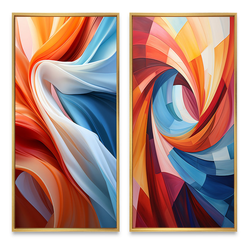 «Blue Brown Fractal Spiral», 2 pièces sur toile, Encadrement doré, H 32 po x l 32 po