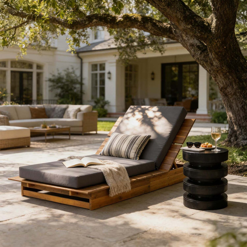 Chaise longue en bois d'acacia avec coussin mobile gris foncé - Chaise longue large en teck, fauteuil inclinable 3 positions, capacité de 400 lb