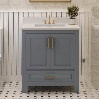 Orbison Solid Wood Bathroom Vanity With Sink, 3 Pre-Drilled Faucet Holes, 2 Soft-Close Doors, 7 Full-Extension Drawers