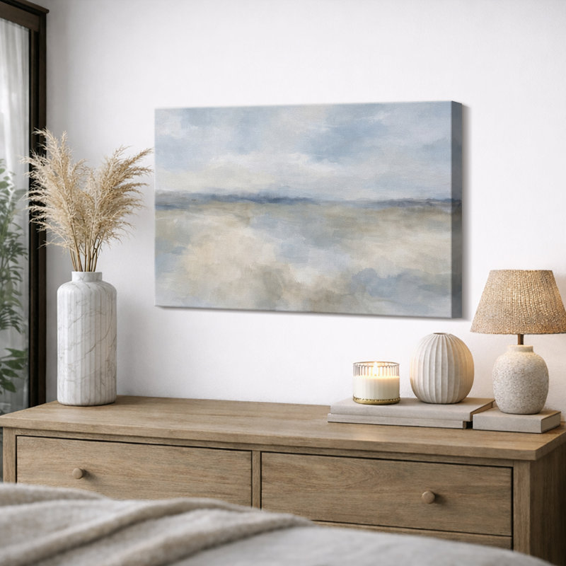 Soft Blue Beige Abstract Sky Landscape Artwork, Minimalist Living Room Pictures, Framed Canvas Giclee Print Wall Art