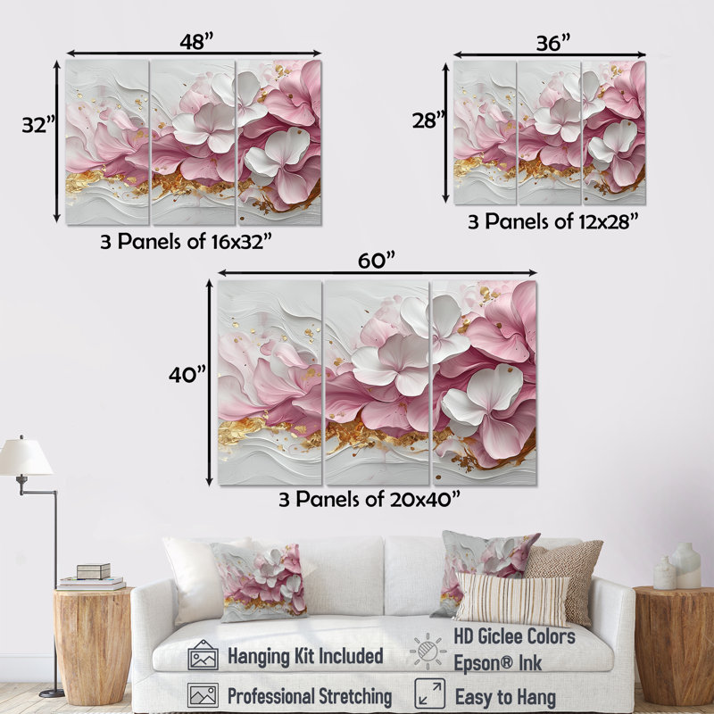 Rose, veines élégantes de pétales de fleurs - Art mural fleurs - ensemble de 3, H 32 po x l 48 po, Toile tendue