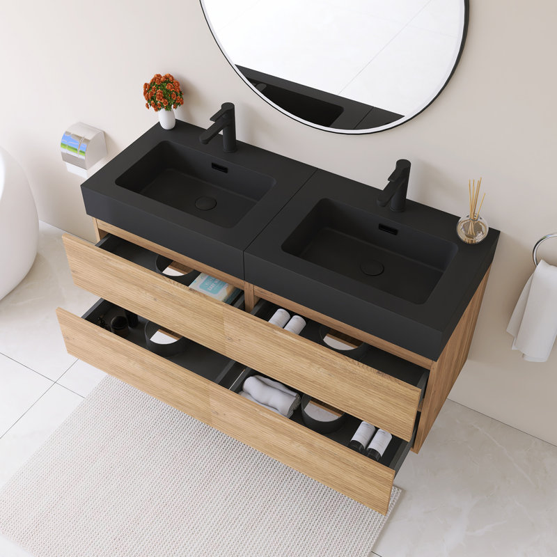 Meuble-lavabo mural 48 po avec lavabo à surface solide noir, 48"