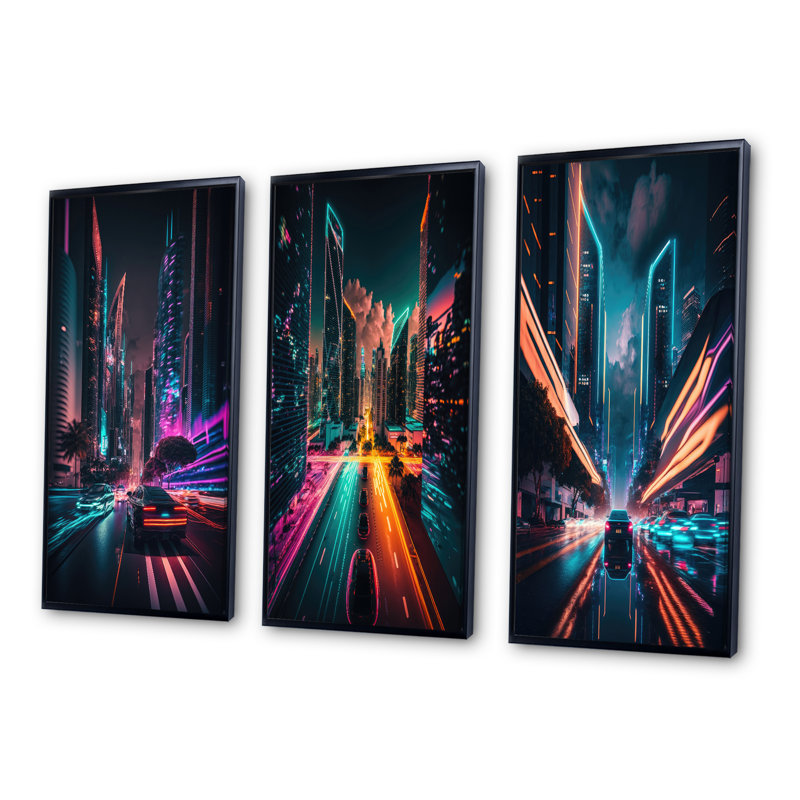 «Futuristic Miami Neon Art», 3 pièces sur toile, Noir, H 32 po x l 48 po