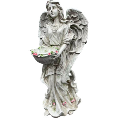 Statue de jardin ange debout en résine avec accents floraux multi-usages mangeoire d'oiseaux et bassin à fleurs patiné finition antique pour patio extérieur 24,8 po de hauteur 12,2 po de largeur