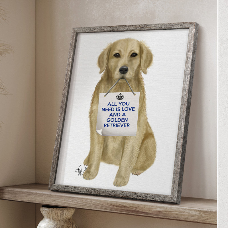 «Love and Golden Retriever», reproduction encadrée - bois massif