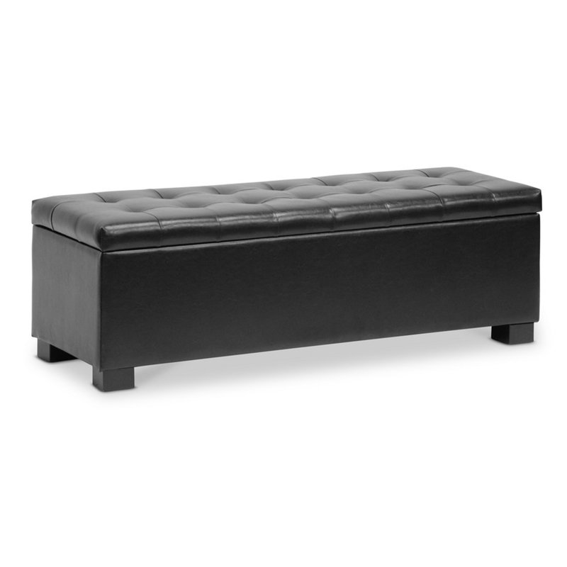 Banc de rangement rembourré en similicuir Burnstad au fini noir, H 15,25 po x l 46 po x P 17 po, Noir