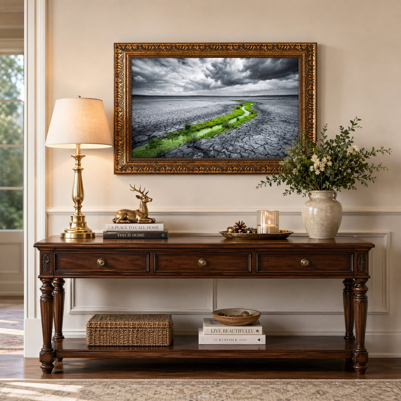 Art mural en toile noyer doré encadré pour salon, chambre à coucher, bureau ou vestibule - décoration murale décorative avec rivière sécheresse