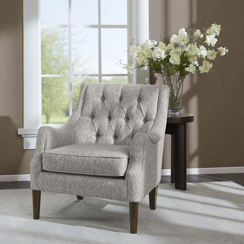 Chaise rembourrée en polyester avec pieds en bois, Gris