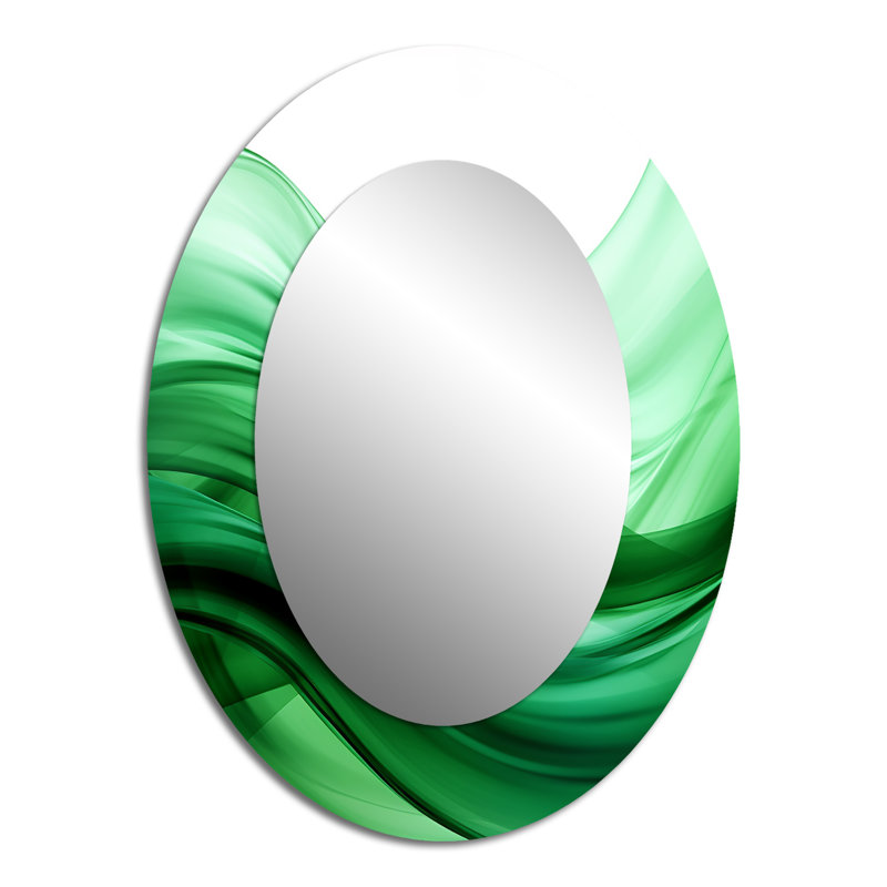Vert et blanc vagues fractales III - miroir décoratif ovale abstrait sur métal, 40 po x 30 po