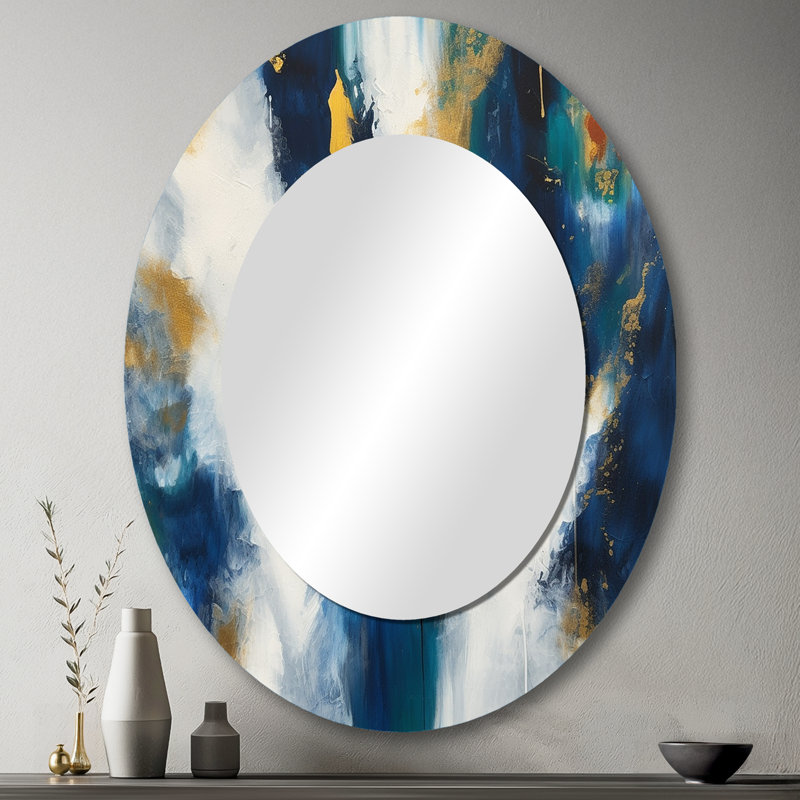 Abstrait profond en bleu royal et or V - miroir décoratif ovale abstrait sur métal, 43 po x 33 po