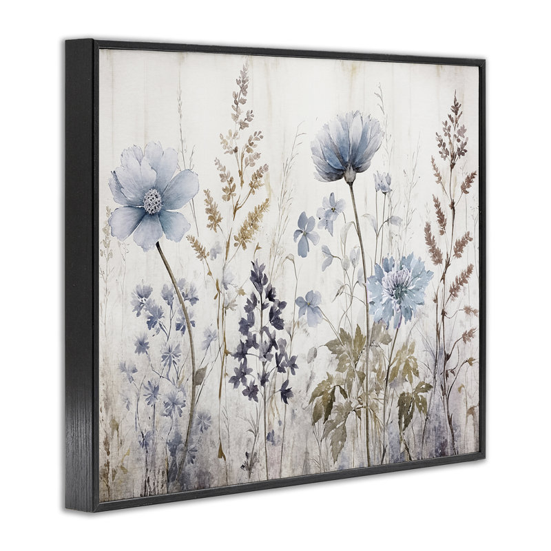 «Blue Nature Blossoms», estampe numérique par Sasha, Giclée encadrée noir minuit, H 16 po x l 20 po